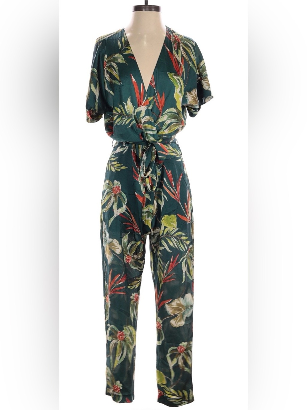 Zara Green Tropical Floral Tie-Waist Jumpsuit